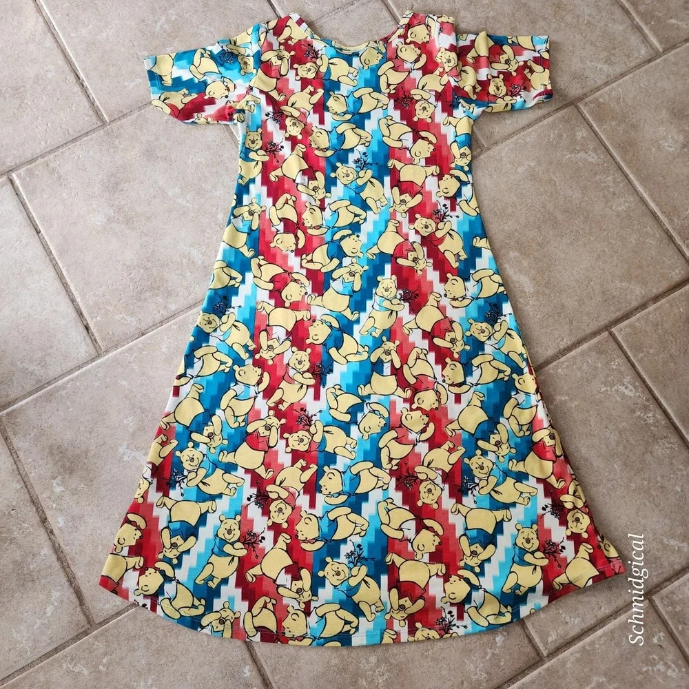 LuLaRoe Disney Winnie the Pooh Dress Kids 12 Short Sleeve Pooh Bear Red Blue
